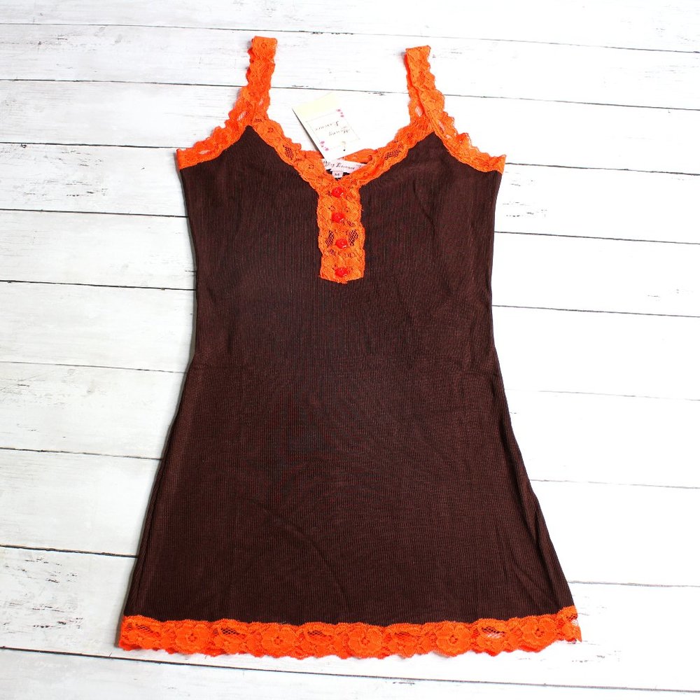 Young Essence Womens Lace Camisole Tank Top Size M Brown Orange Ribbed